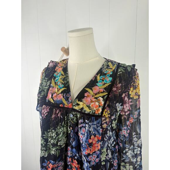 Anthropologie Vineet Bahl Metallic Embroidered Floral Blouse Size XS Black - Picture 4 of 10